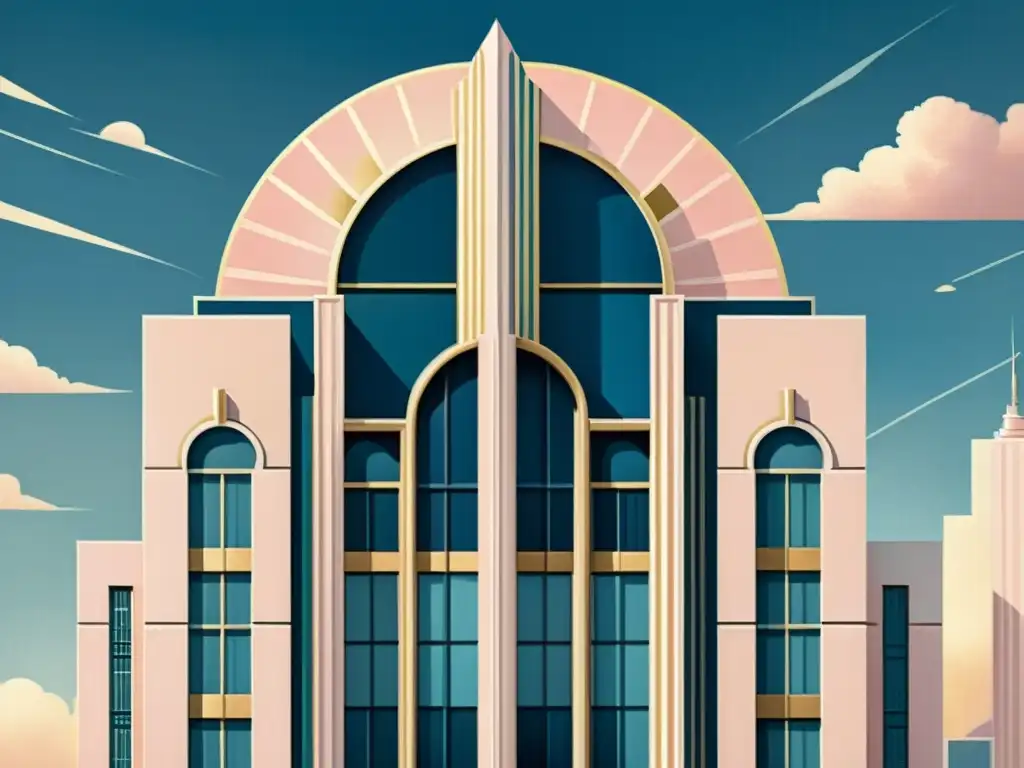 Una pintura vintage de un elegante edificio art deco simétrico, con una paleta de colores suaves y equilibrados