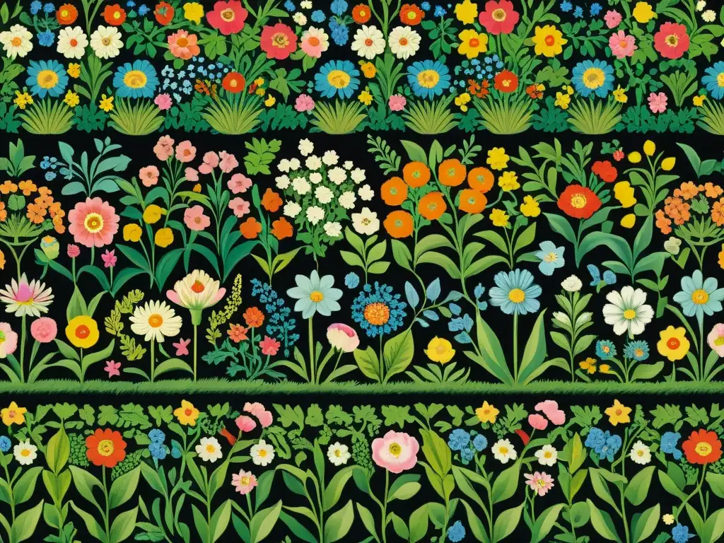 Una pintura vintage de un exuberante jardín europeo, mostrando la evolución de patrones florales en la pintura europea