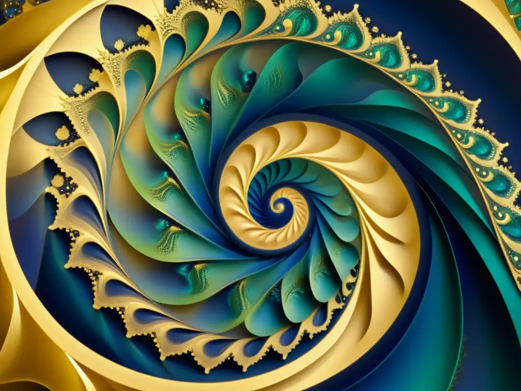 Una pintura vintage de un patrón fractal en tonos de índigo, esmeralda y oro, evocando profundidad y complejidad