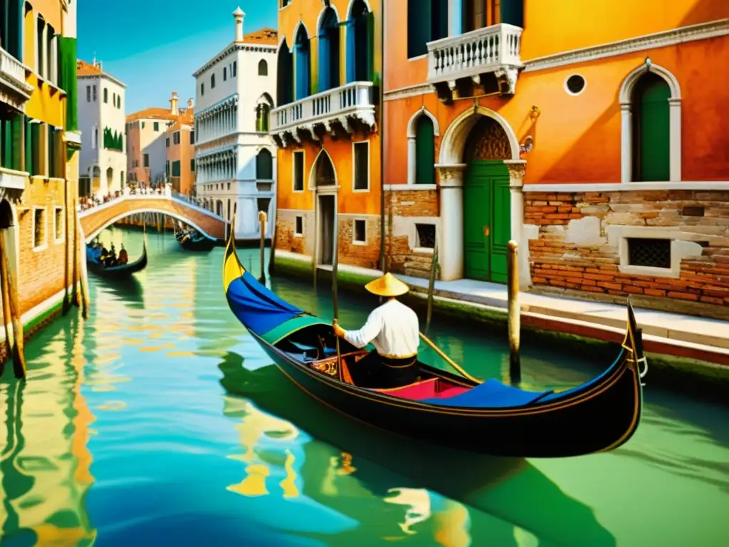 Una pintura vintage de una góndola veneciana en los canales tranquilos de Venecia, capturando el encanto atemporal de la cultura veneciana