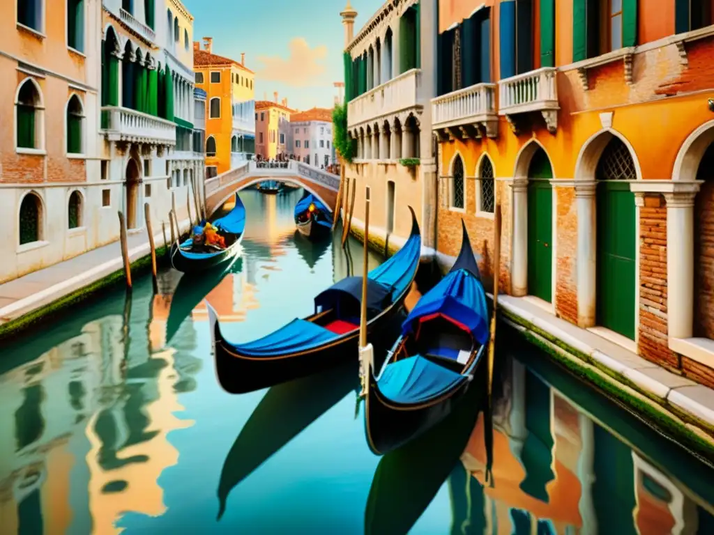 Una pintura vintage de góndolas en los canales de Venecia, evocando la belleza atemporal de la ciudad