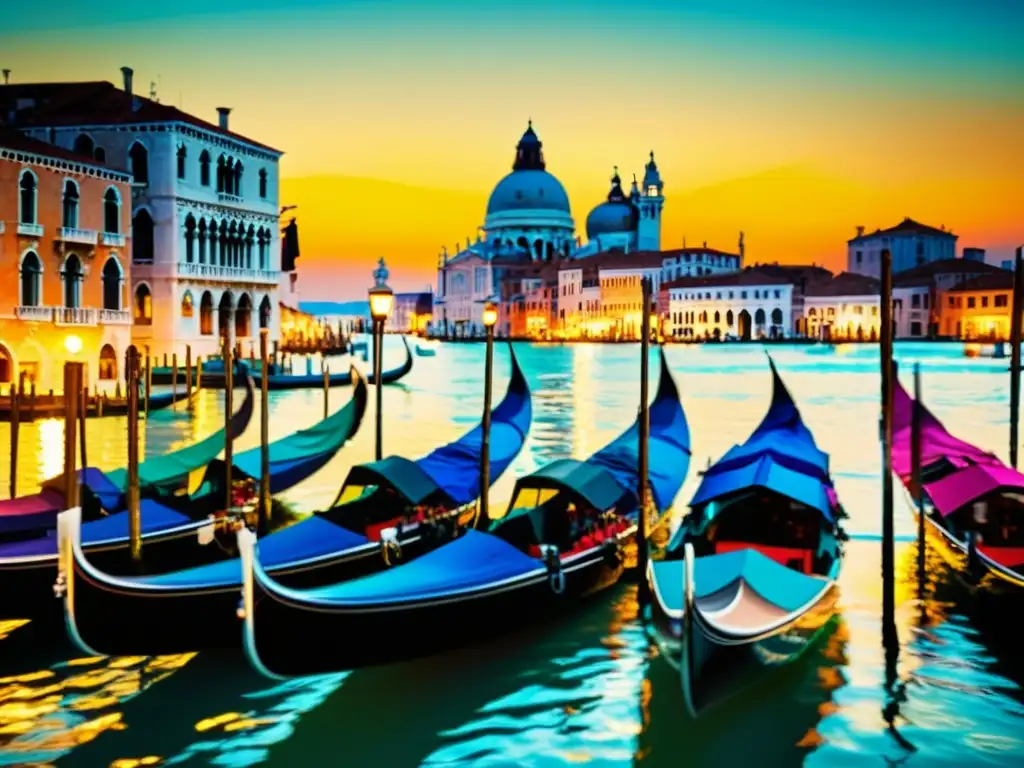 Una pintura vintage de góndolas coloridas en el Gran Canal de Venecia durante el Festival, capturando la esencia del arte en los botes del Festival de Venecia