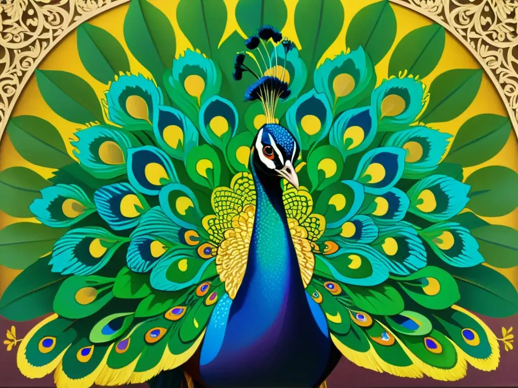 Una pintura vintage de un majestuoso pavo real con sus vibrantes y simétricas plumas desplegadas, evocando la importancia de la simetría en arte