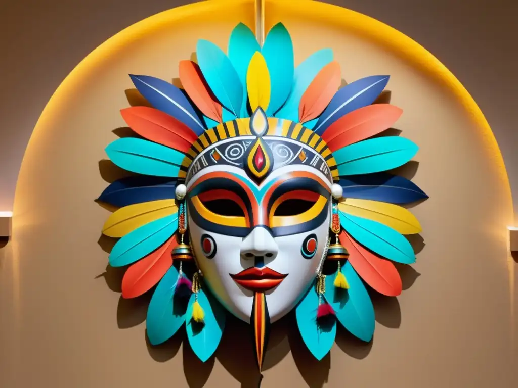 Una pintura vintage de una máscara tribal con plumas y patrones, en una galería de arte con realidad aumentada