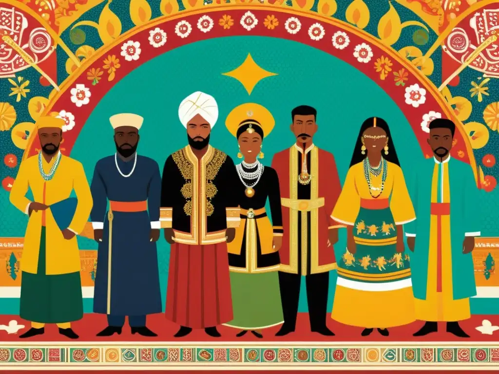 Aliados y enemigos: diversidad cultural en pintura vintage Una pintura vintage de alta resolución muestra un grupo diverso de aliados y enemigos de diferentes culturas, con patrones y vestimenta tradicional