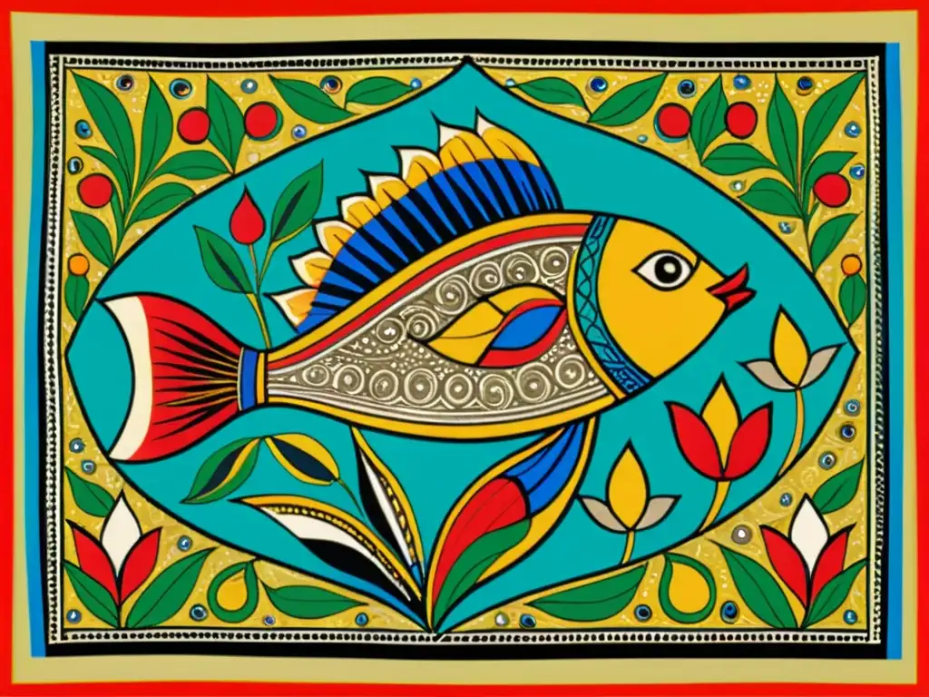 Una pintura vintage Madhubani en tela exhibe tonos terrosos, detalles intrincados y motivos tradicionales como peces y pavos reales