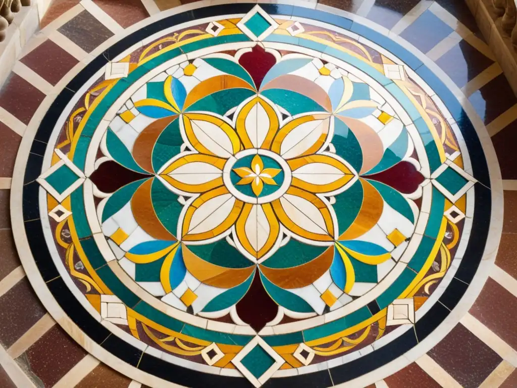 Un piso de mosaico de mármol renacentista, con patrones geométricos y motivos florales en tonos cálidos