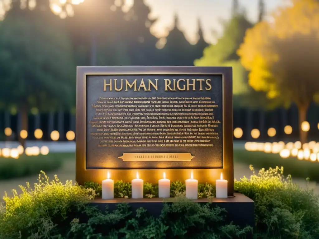 Placa conmemorativa de derechos humanos rodeada de velas en un prado soleado, evocando reverencia y remembranza