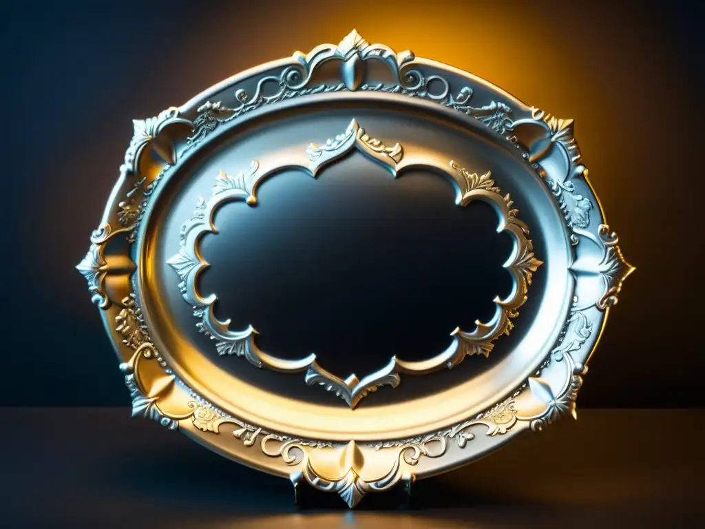 Platería barroca con patrones ornamentales en plata y terciopelo oscuro, evocando opulencia y lujo del barroco