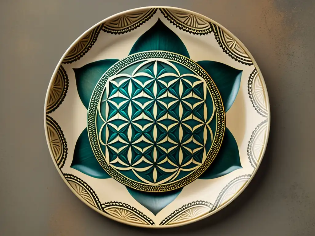 Un plato antiguo con un mandala geométrico en tonos terrosos y patrones espirituales, evocando conexión histórica