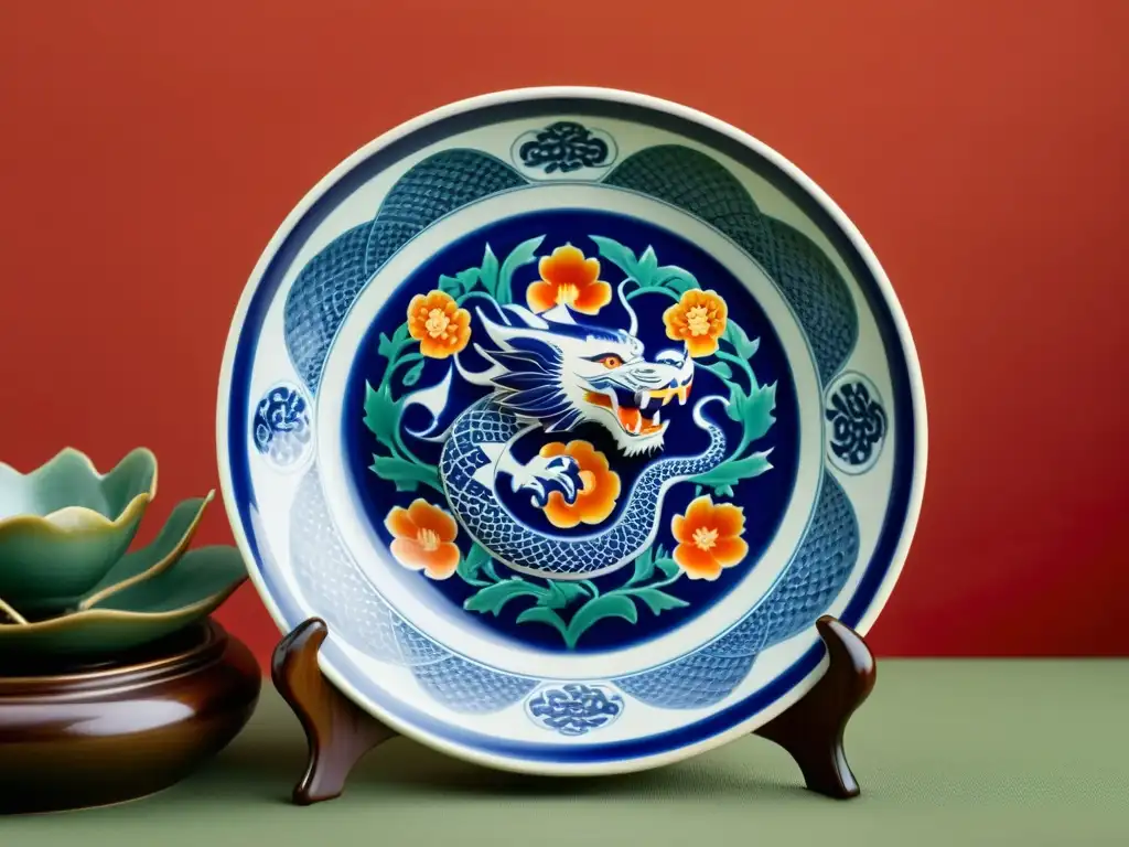 Un plato de cerámica china con un dragón y un tigre míticos, envueltos en patrones vibrantes y colores intensos, sobre un paisaje tradicional chino