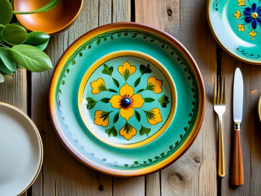 Plato de cerámica vintage, pintado a mano con flores vibrantes Plato de cerámica decorativa vintage pintado a mano con diseños florales intrincados en colores vibrantes, exhibido en una mesa de madera rústica