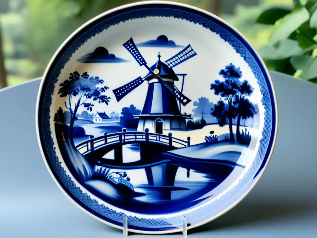 Plato de cerámica Delft azul y blanco, con paisaje de molino y canal