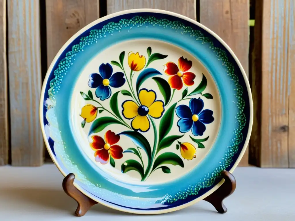 Plato de cerámica majólica italiana pintado a mano con patrones florales en tonos vibrantes de azul, verde, amarillo y rojo, sobre un fondo rústico