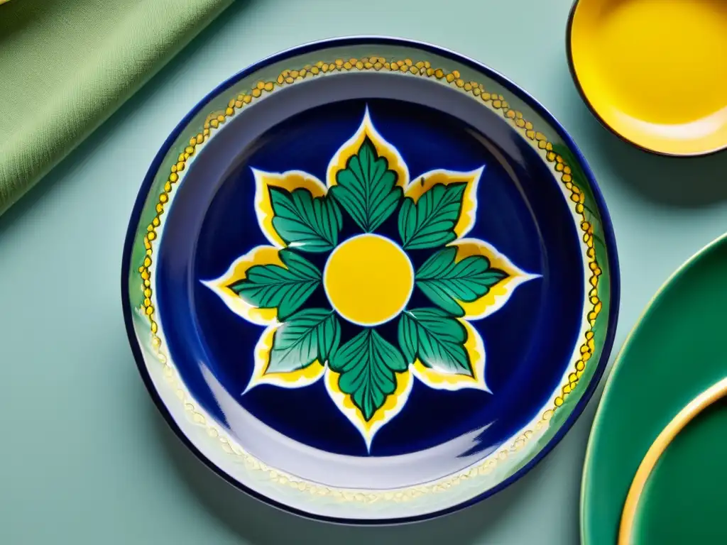 Plato de cerámica de Majólica con vibrantes patrones en azul, verde y amarillo, evocando elegancia y legado cultural