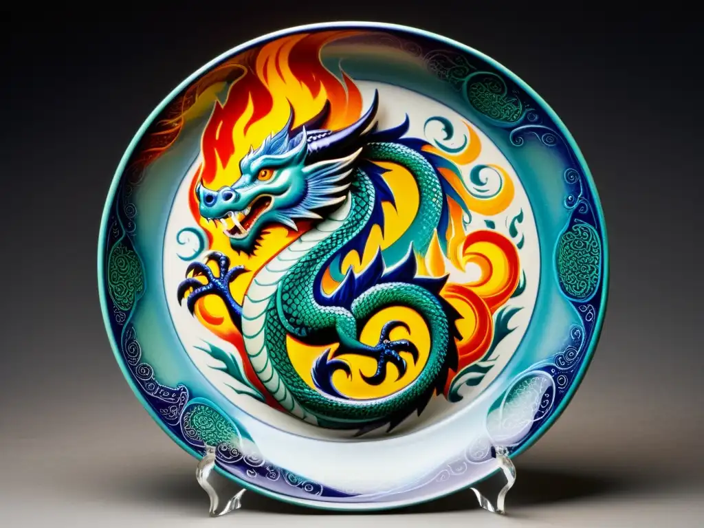 Plato de cerámica pintado a mano con un dragón lanzando fuego, colores vibrantes y patrones detallados inspirados en el arte folclórico mitos fuego