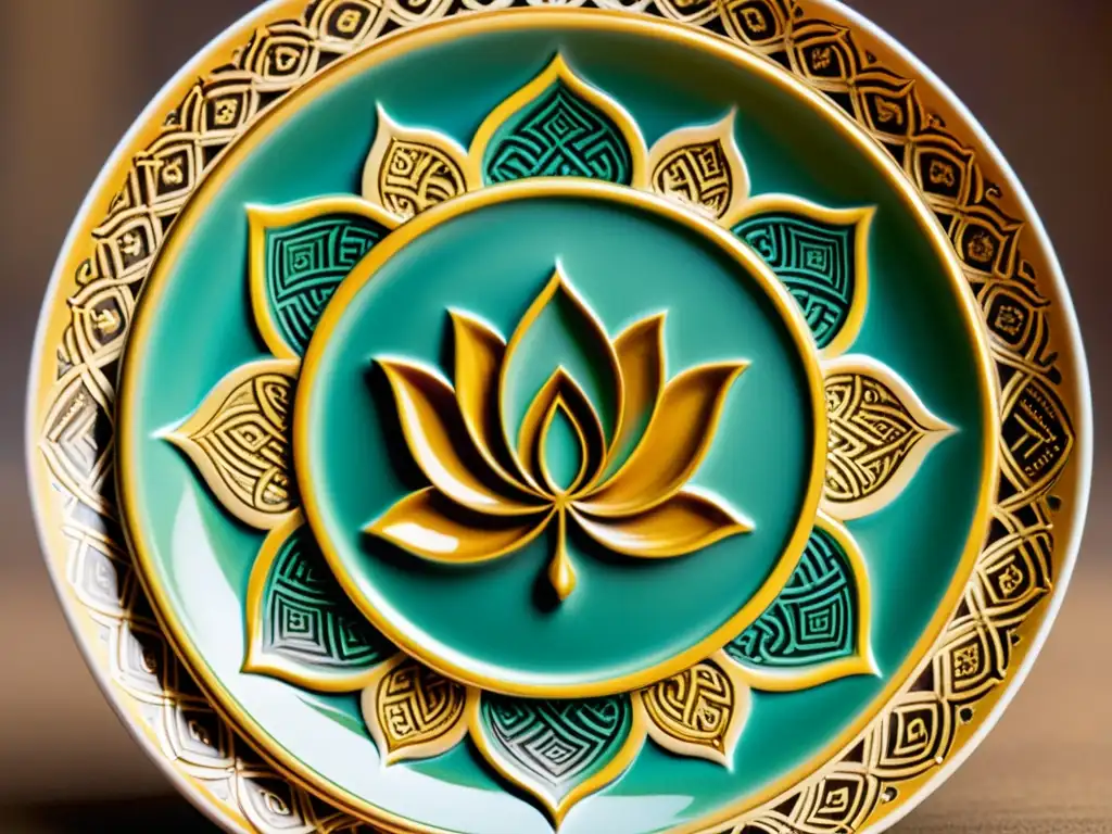 Plato de cerámica budista: detalle y belleza Plato de cerámica con simbología budista: lotos, rueda del dharma y nudo infinito, reflejando paz y reverencia