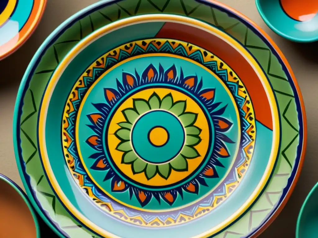 Plato de cerámica tradicional latinoamericana con patrones en la pintura tradicional, colores vibrantes y diseños geométricos, florales y de fauna