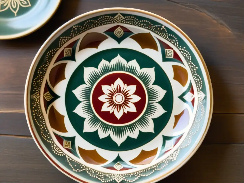 Plato de cerámica vintage de Nepal con mandalas en tonos tierra y flor de loto, reflejando la influencia del budismo en el arte nepalí