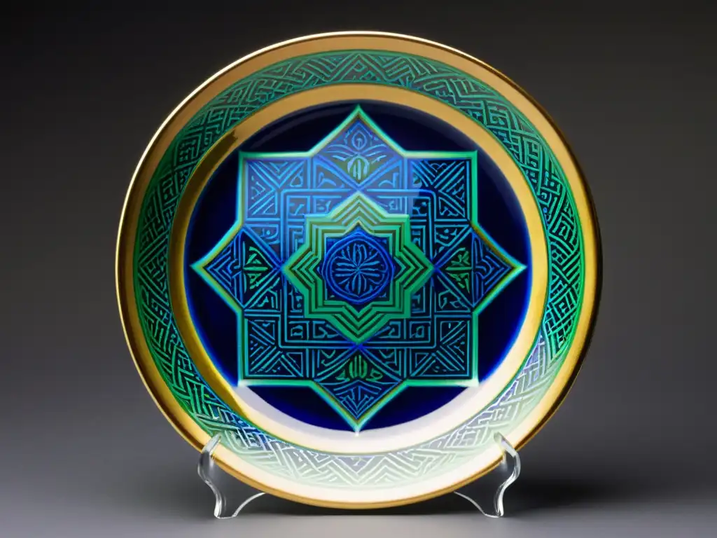 Plato cerámico de Asia Central con influencia del arte islámico: patrones geométricos y caligrafía en azul, verde y dorado