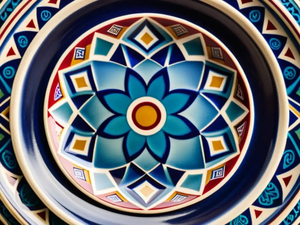 Plato cerámico de Uzbekistán con patrones geométricos en tonos índigo, rubí y oro, evocando elegancia y riqueza cultural