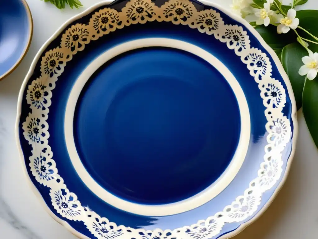 Plato cerámico vintage con patrones tradicionales españoles en azul cobalto y blanco