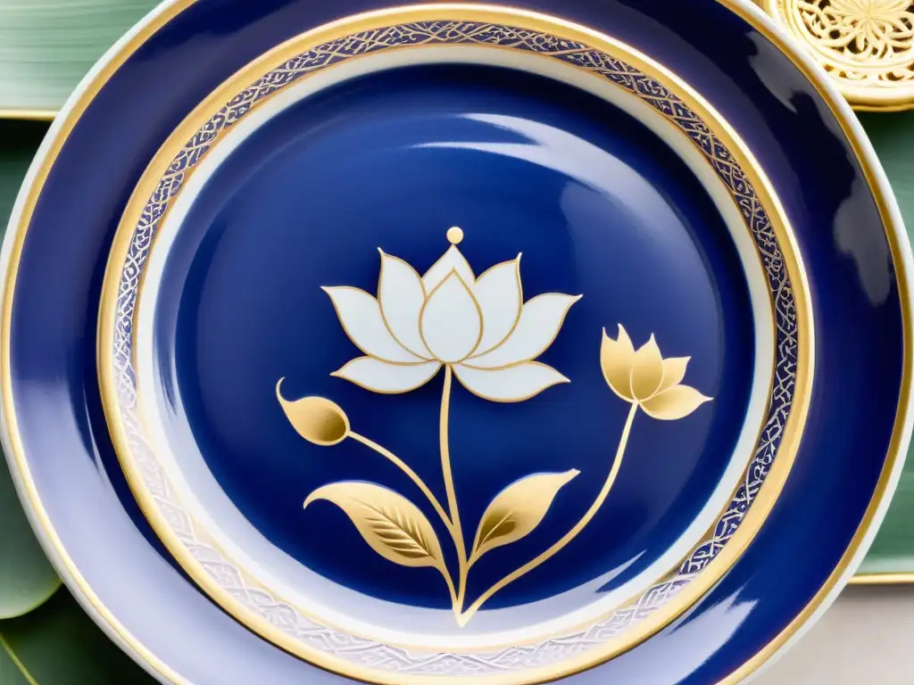 Plato de porcelana chino con patrones tradicionales en azul cobalto y blanco, de delicada artesanía y filigrana dorada