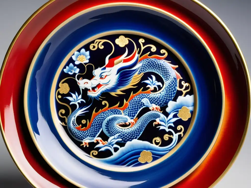 Plato de porcelana chino con patrones tradicionales de dragones, flores de loto y nubes, en tonos vibrantes de azul, rojo y dorado