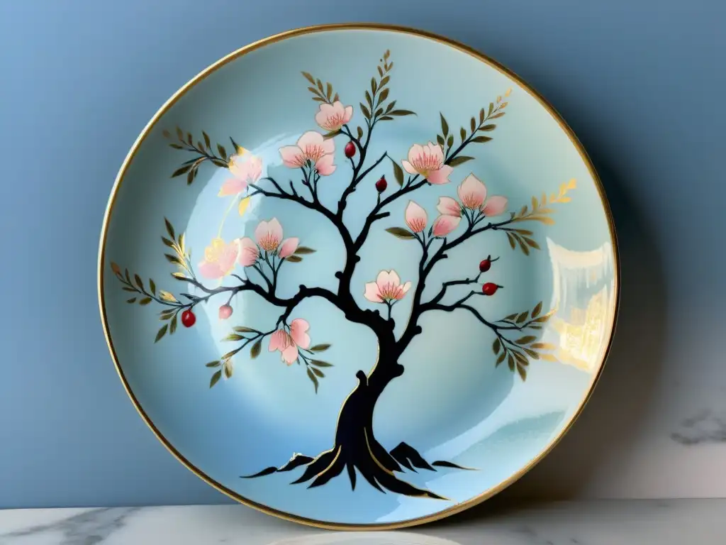 Plato japonés pintado a mano con cerezo en flor Plato japonés vintage pintado a mano con un vibrante árbol de cerezo en flor sobre un fondo de esmalte azul pálido, con detalles en oro
