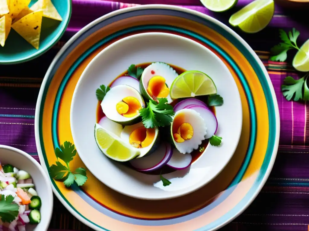 Un plato peruano de ceviche, con patrones artísticos en la vajilla y el textil, resalta la tradición culinaria peruana