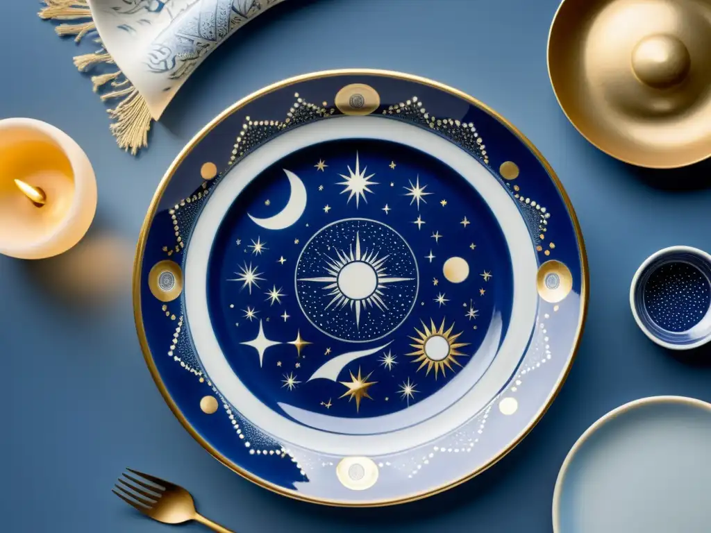 Plato de porcelana asiática con representaciones celestiales en azul y blanco, fusionando astrología y arte asiático