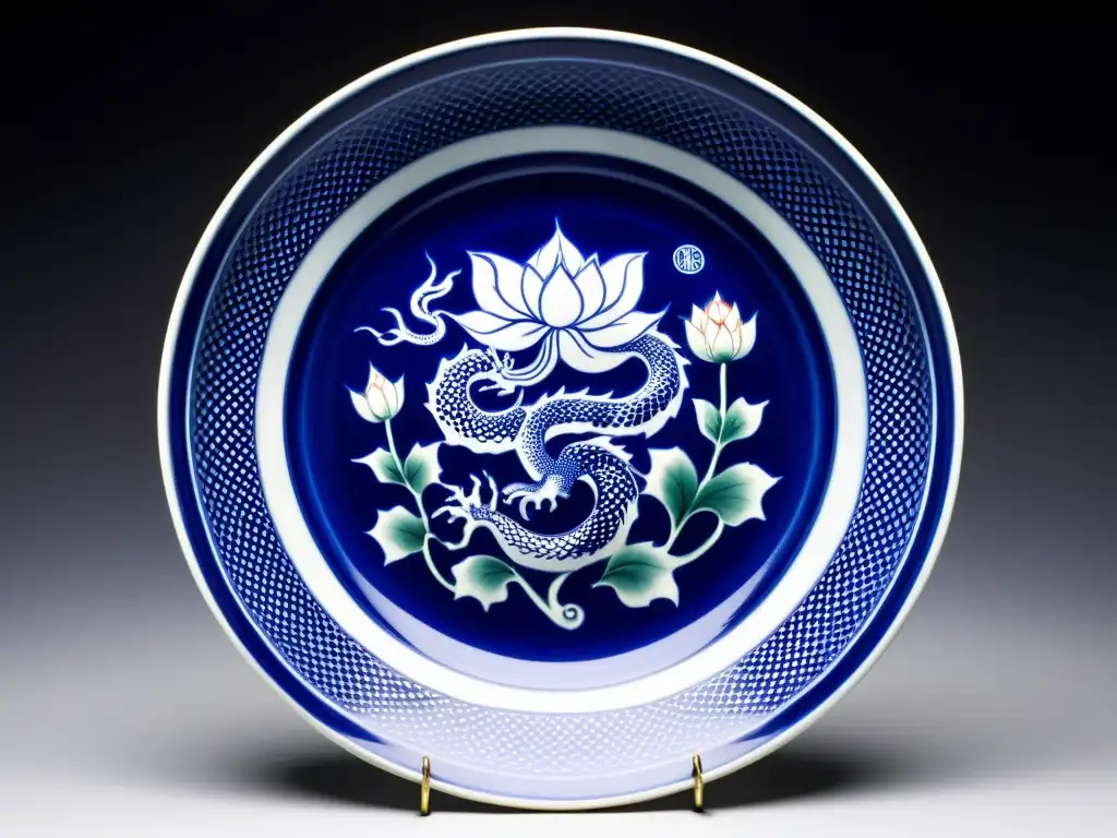 Plato de porcelana china con dragón azul y flor de loto, simbolismo dragones y lotos