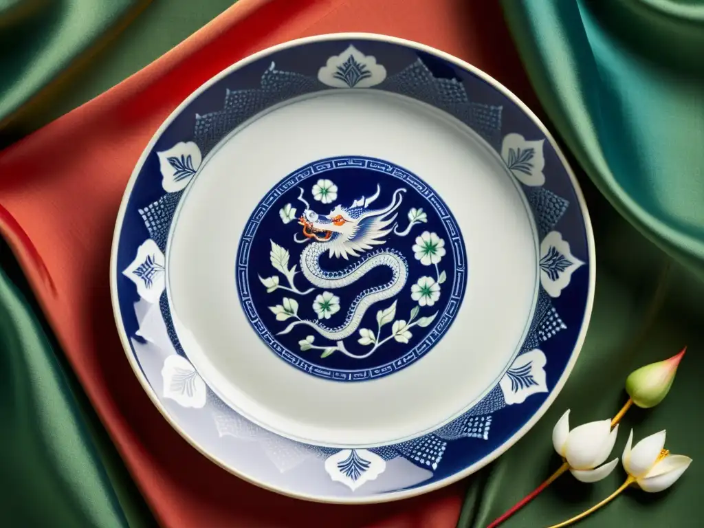 Plato de porcelana china con patrones tradicionales de dragones y flores de loto, sobre tela de seda con bordado en rojo, dorado y verde