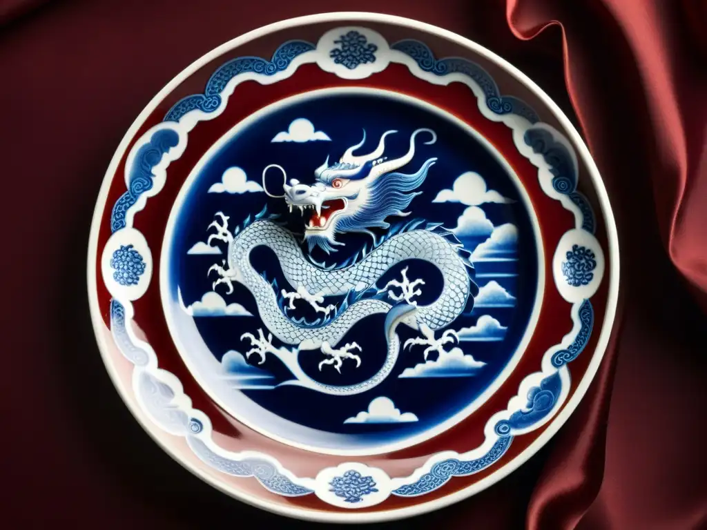 Plato de porcelana china vintage con dragón azul y blanco sobre seda roja, iluminado por una cálida luz, simbolismo de patrones chinos