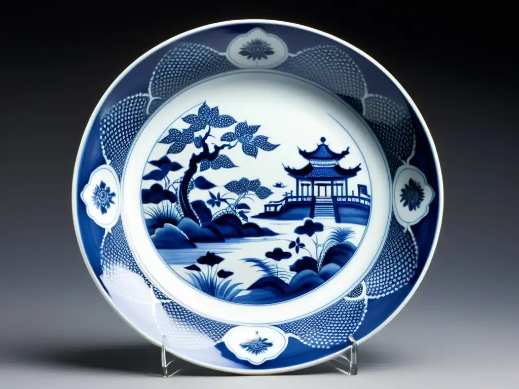 Plato de porcelana chino vintage con patrones azules y blancos que muestran escenas tradicionales