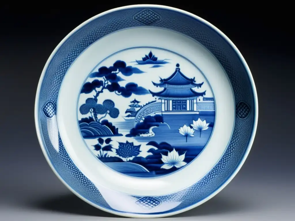 Plato de porcelana chino vintage con intrincados patrones azules y blancos, simbolizando el rico legado cultural y artístico de China