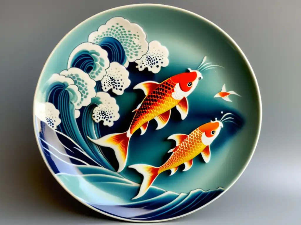 Plato de porcelana japonesa con escena de peces koi pintados, transmite tranquilidad y elegancia