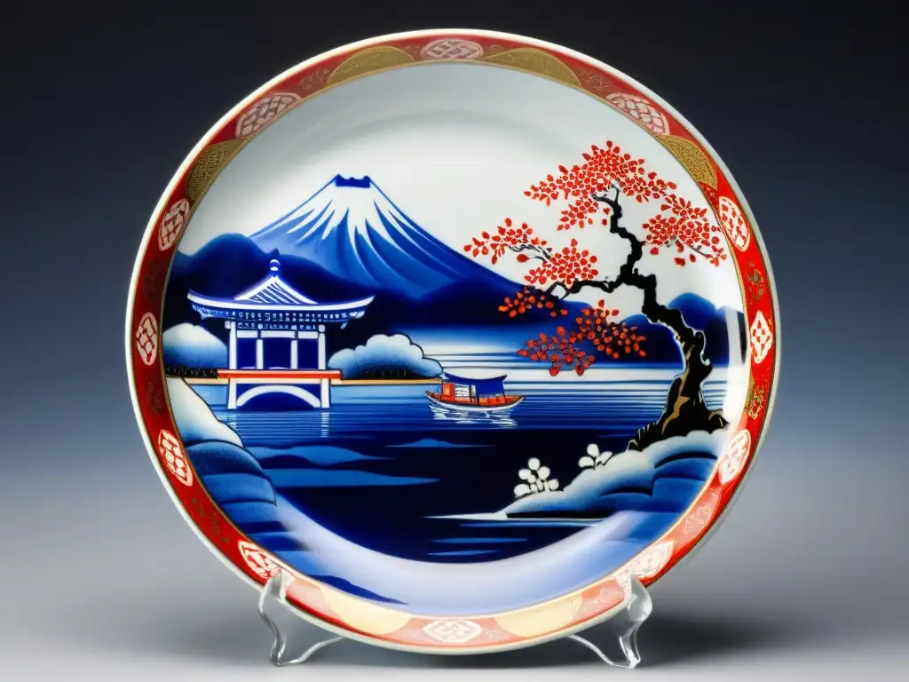 Plato de porcelana japonesa tradicional Imari Arita con paisaje japonés, cerezos en flor y detalles en azul, rojo y dorado