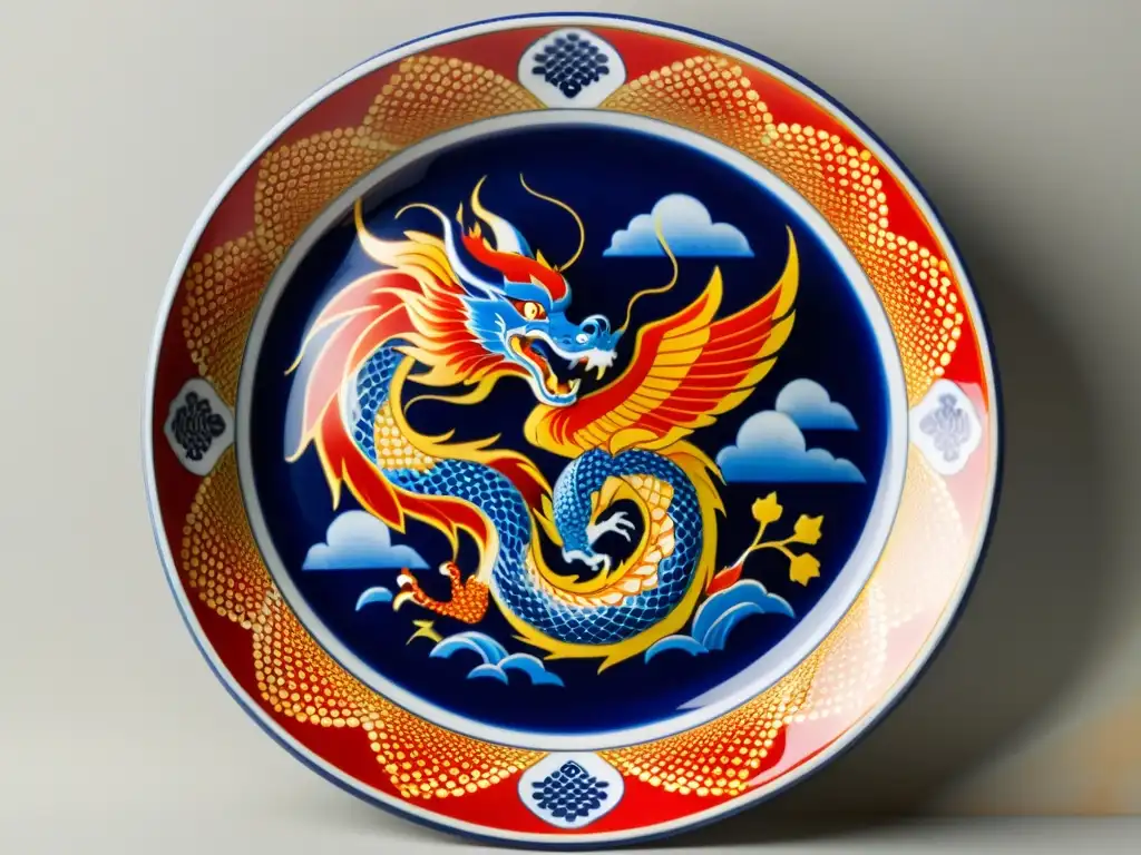 Plato de porcelana japonesa vintage con dragón y fénix pintados a mano en tonos vibrantes y patrón tradicional, sobre fondo de madera envejecida