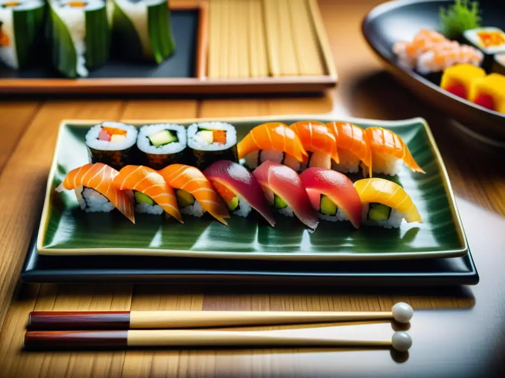 Un plato de sushi meticulosamente presentado en un estilo vintage, con patrones artísticos en la presentación de sushi