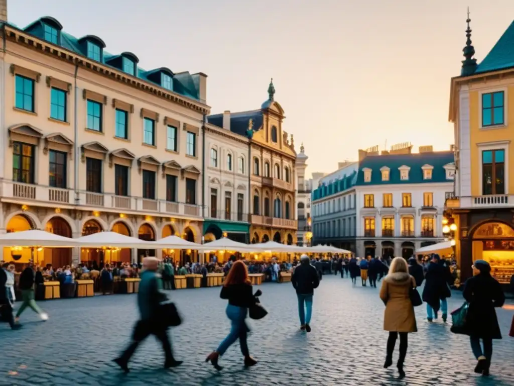 Una plaza urbana bulliciosa con detalles arquitectónicos ornamentados, calles empedradas y edificios históricos y modernos