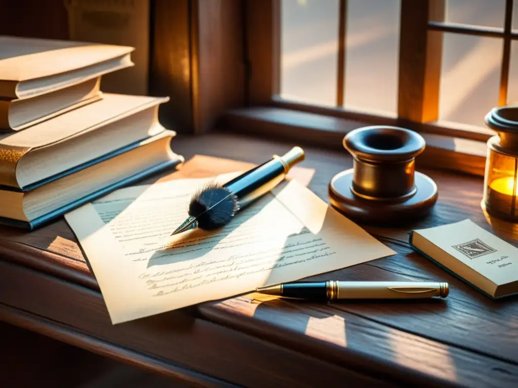 Una ilustración vintage de una pluma y tintero en un escritorio de madera antiguo, con documentos legales y bocetos artísticos esparcidos