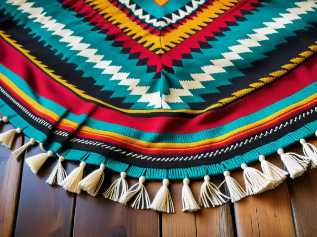Un poncho andino tradicional con patrones vintage y colores vibrantes sobre una superficie rústica de madera