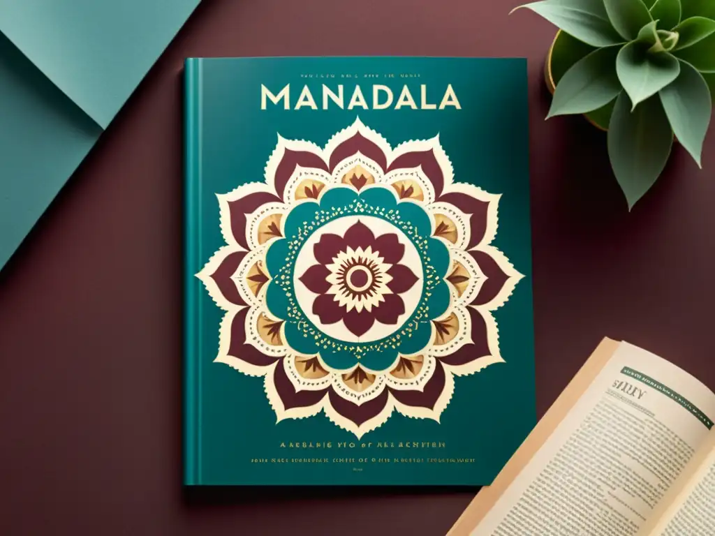 Portada de revista con mandala vintage en tonos dorados, turquesa y burdeos