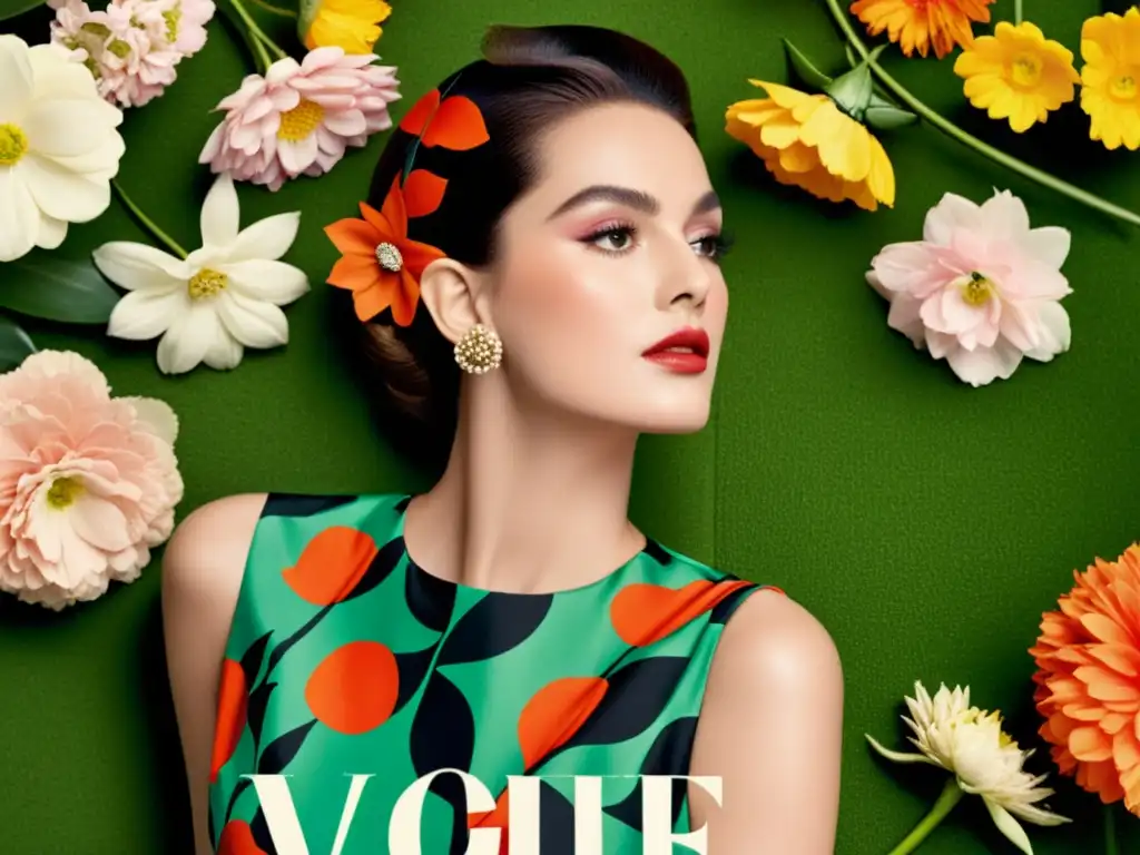 Portada vintage de Vogue con modelo en vestido floral rodeada de flores, evocando la elegancia atemporal de los patrones florales en la moda