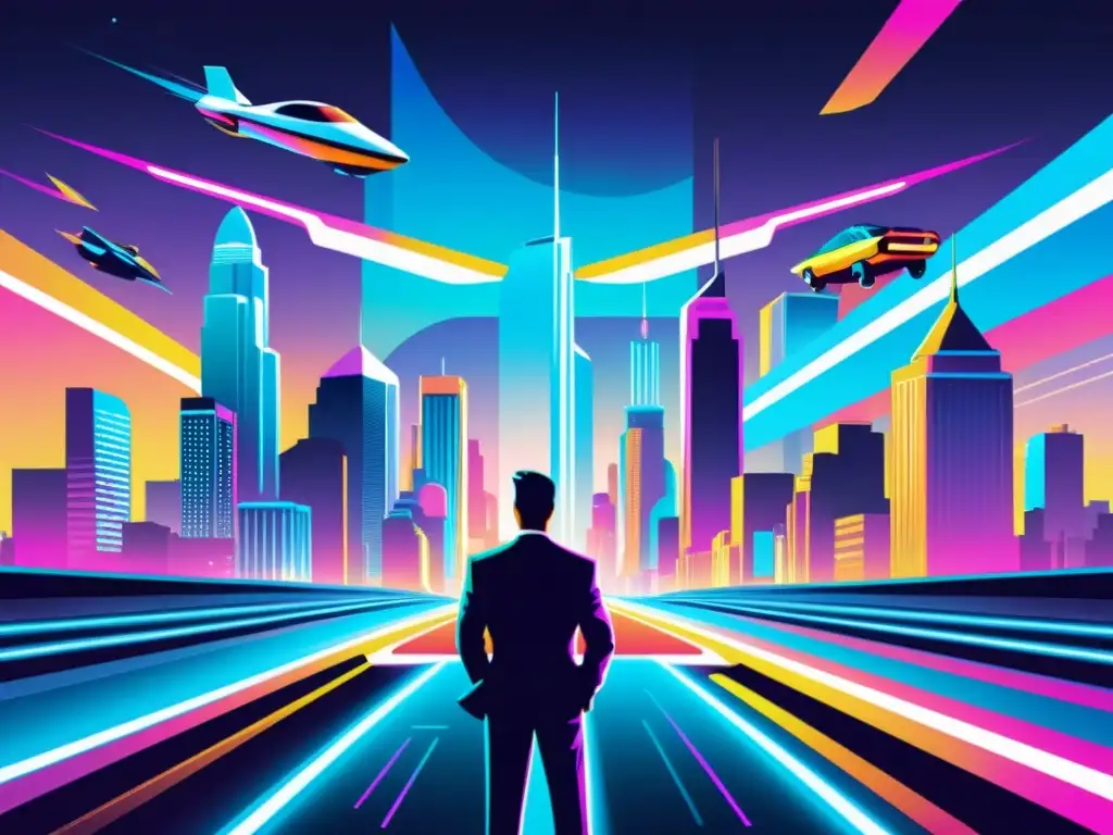 Póster vintage con ilustración colorida de una ciudad futurista, destacando patrones disruptivos en campañas publicitarias