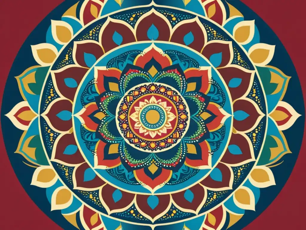 Un póster vintage con un patrón simétrico de mandalas coloridos y motivos culturales, creando un efecto visual hipnótico