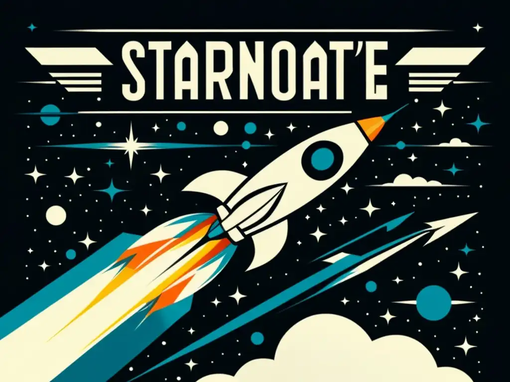 Un póster vintage con un elegante cohete surcando el cielo estrellado, rodeado de patrones artísticos y tipografía inspirada en el Art Deco