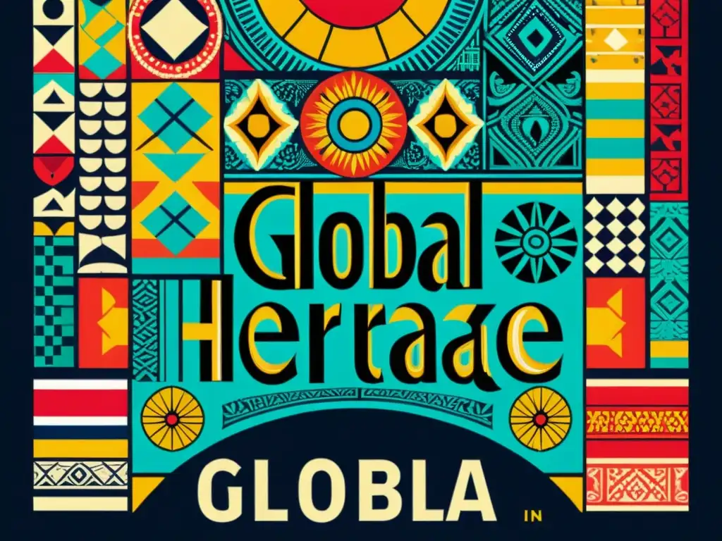 Un póster vintage vibrante con un mosaico de patrones culturales de todo el mundo, simbolizando la diversidad cultural en campañas publicitarias globales