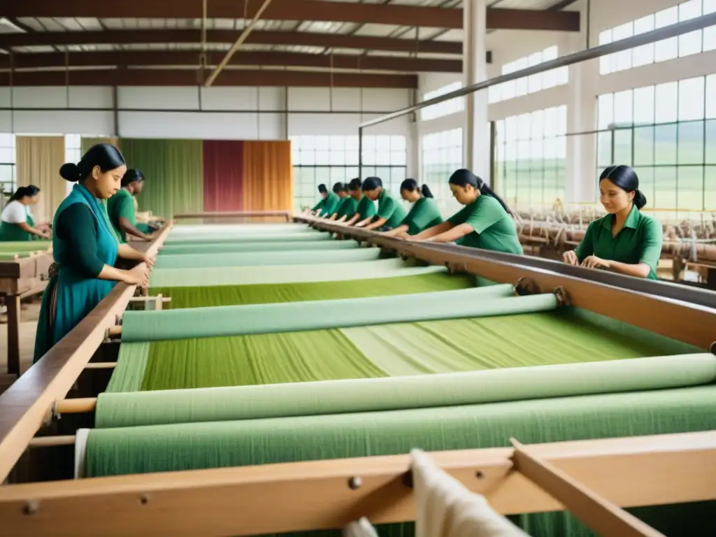 Prácticas ecológicas en producción textil: fábrica vintage con trabajadores inspeccionando tejidos en tonos vibrantes y luz natural